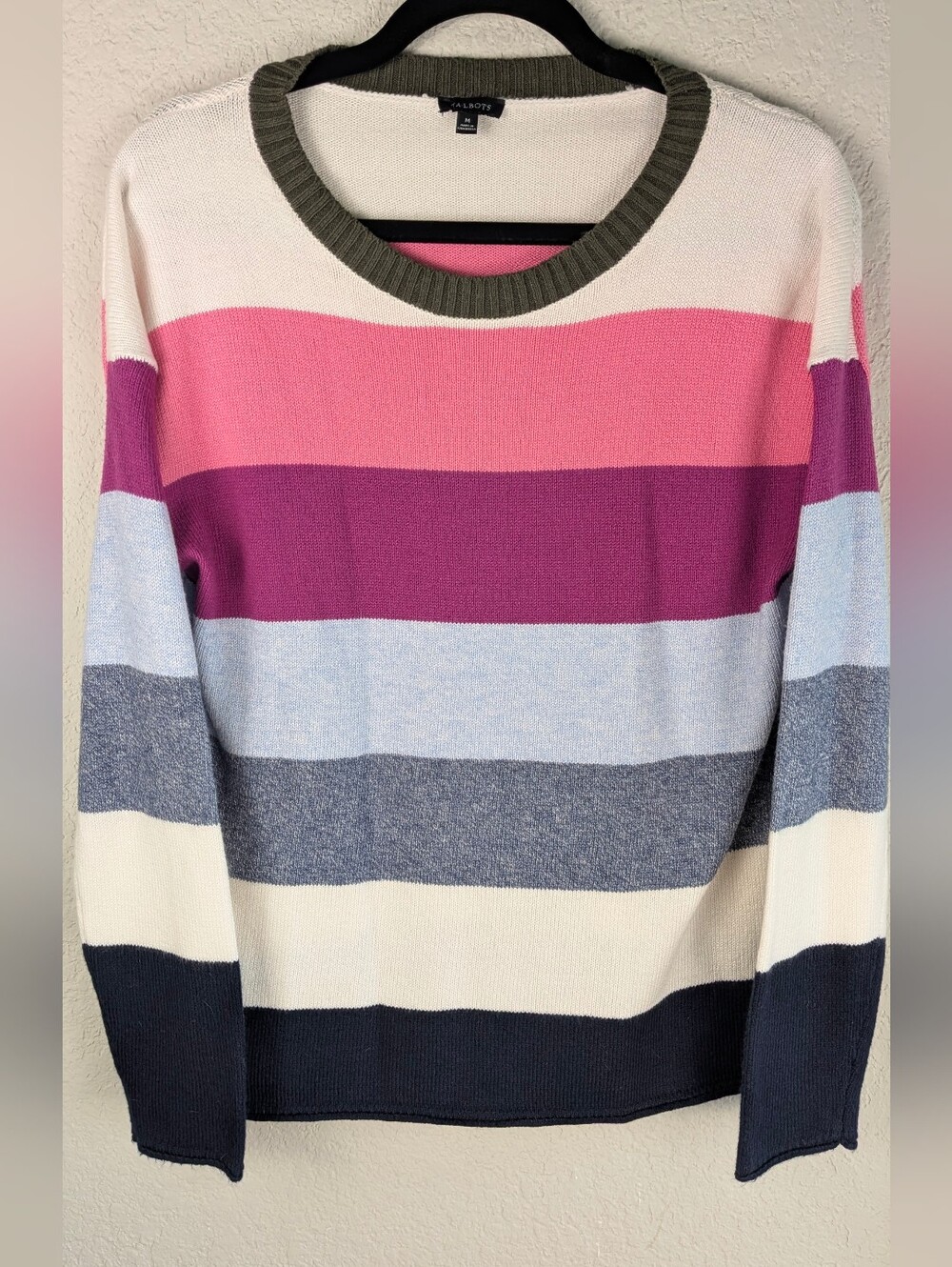 Talbots Crew Neck Sweater M Stripes LS Cotton Blend Soft Lightweight Layers Chic